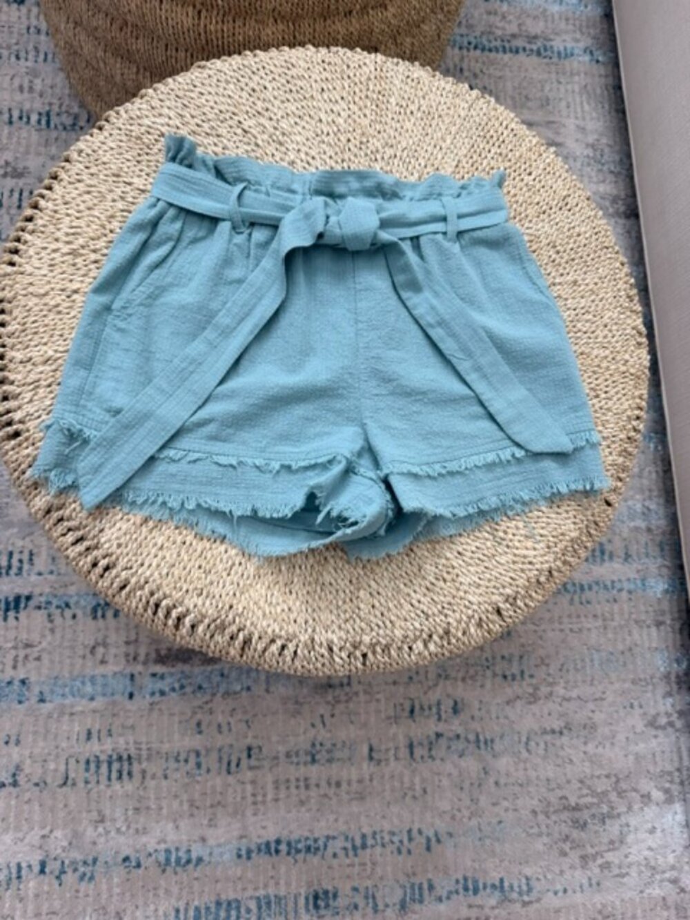 Adelaide Mint Green Tie Waist Shorts with Raw Edges, Small